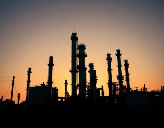 Oil refinery at sunset with storage tanks and distillation columns