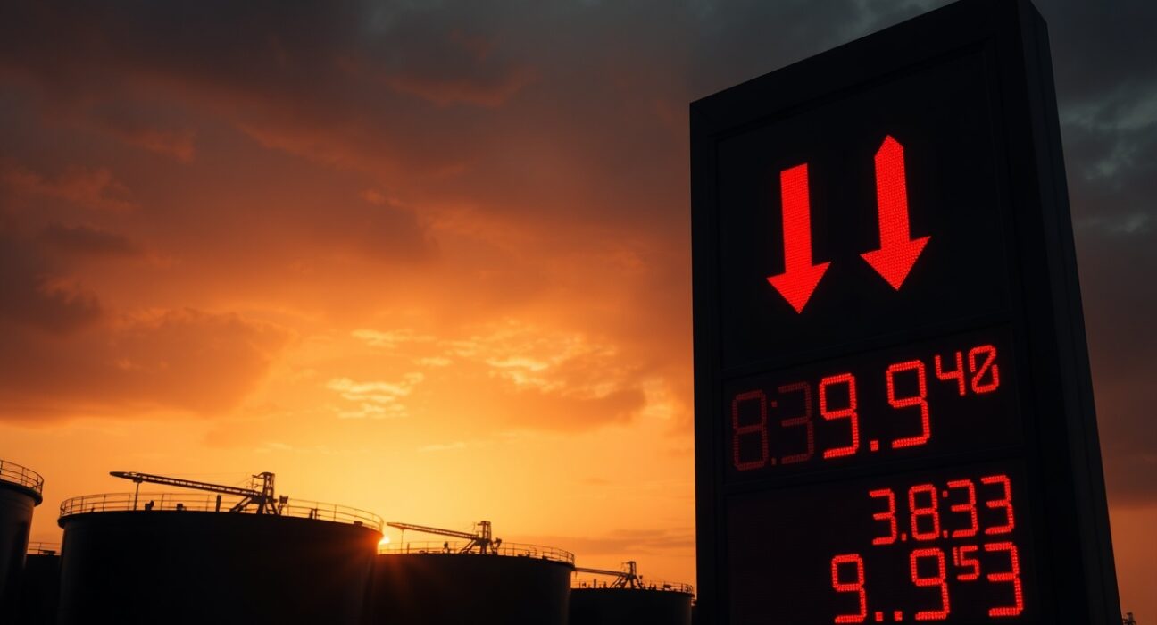 Oil storage tanks at sunset with a digital display showing crude oil price declines.