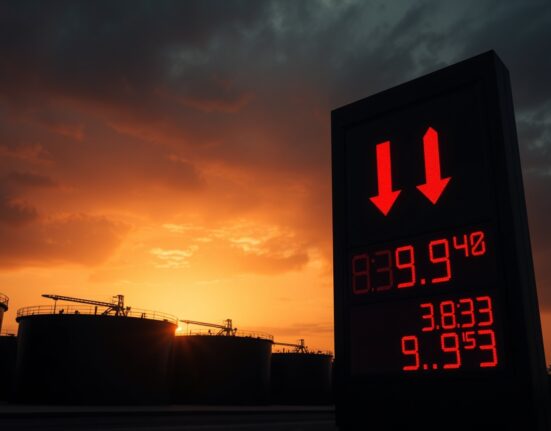 Oil storage tanks at sunset with a digital display showing crude oil price declines.