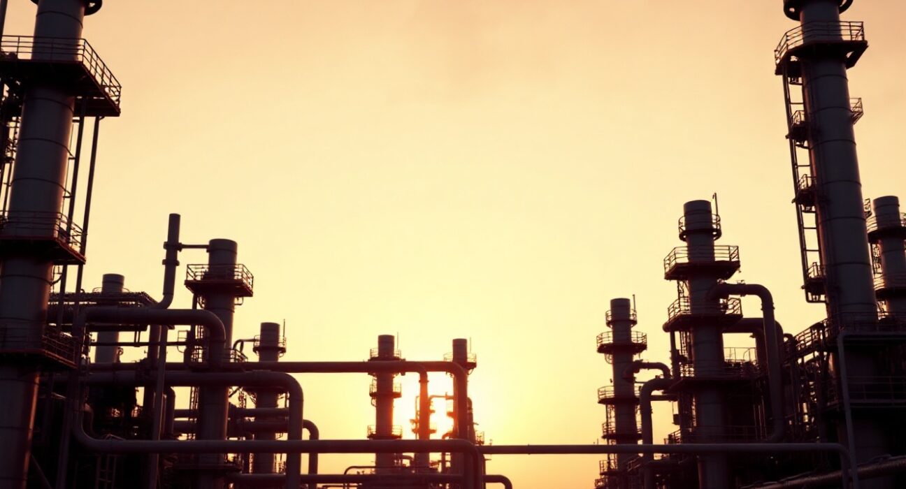 Oil refinery distillation columns at dusk, representing middle distillate production and tight supply.