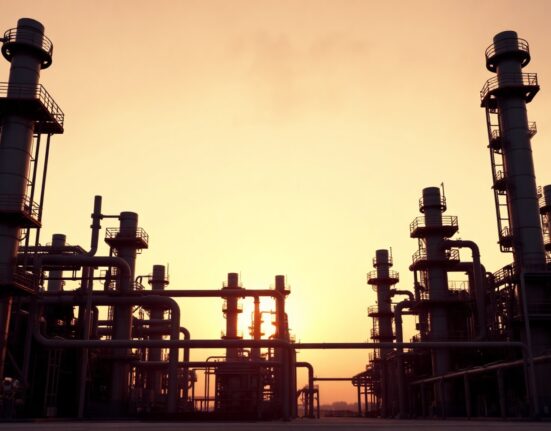 Oil refinery distillation columns at dusk, representing middle distillate production and tight supply.