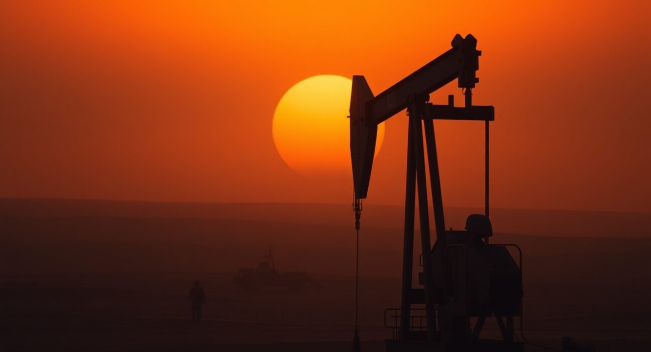 Oil pumpjack silhouetted against a hazy sunset sky, representing energy supply and geopolitical risk.