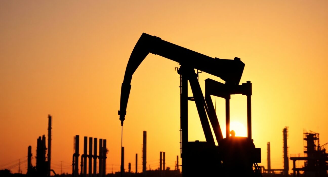 Oil pumpjack silhouetted against sunset with refinery towers in background