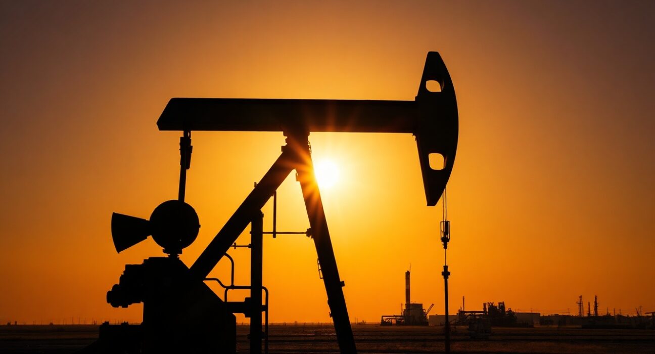 Oil pump jack silhouetted against sunset, representing oil markets amid Middle East tensions