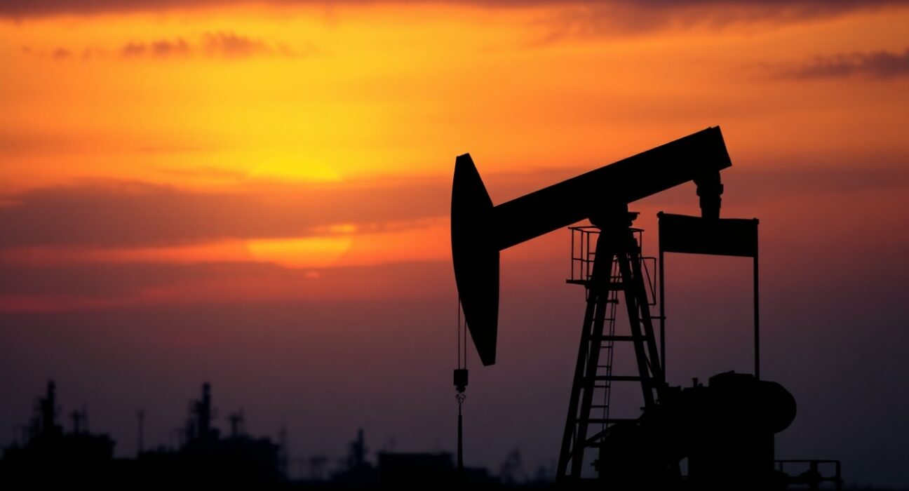Oil pumpjack at dusk, symbolizing market uncertainty