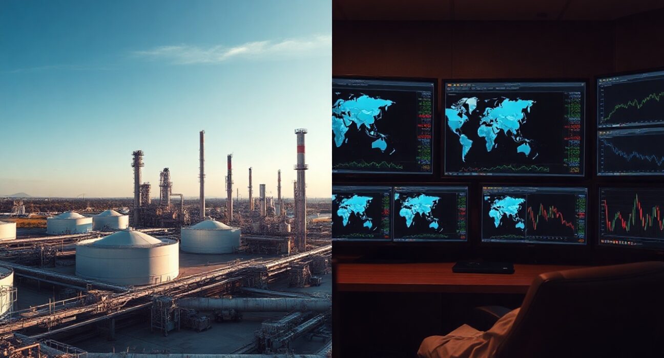 Oil refinery and energy trading monitors illustrating diverging oil market paths after US-Iran deal