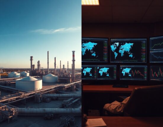 Oil refinery and energy trading monitors illustrating diverging oil market paths after US-Iran deal