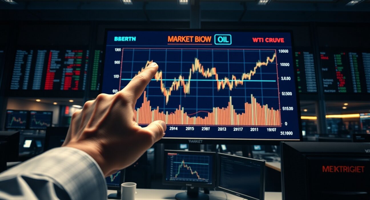 Oil market trading floor showing Brent and WTI crude price volatility after Trump's Iran post