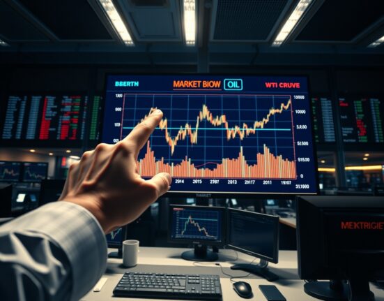 Oil market trading floor showing Brent and WTI crude price volatility after Trump's Iran post