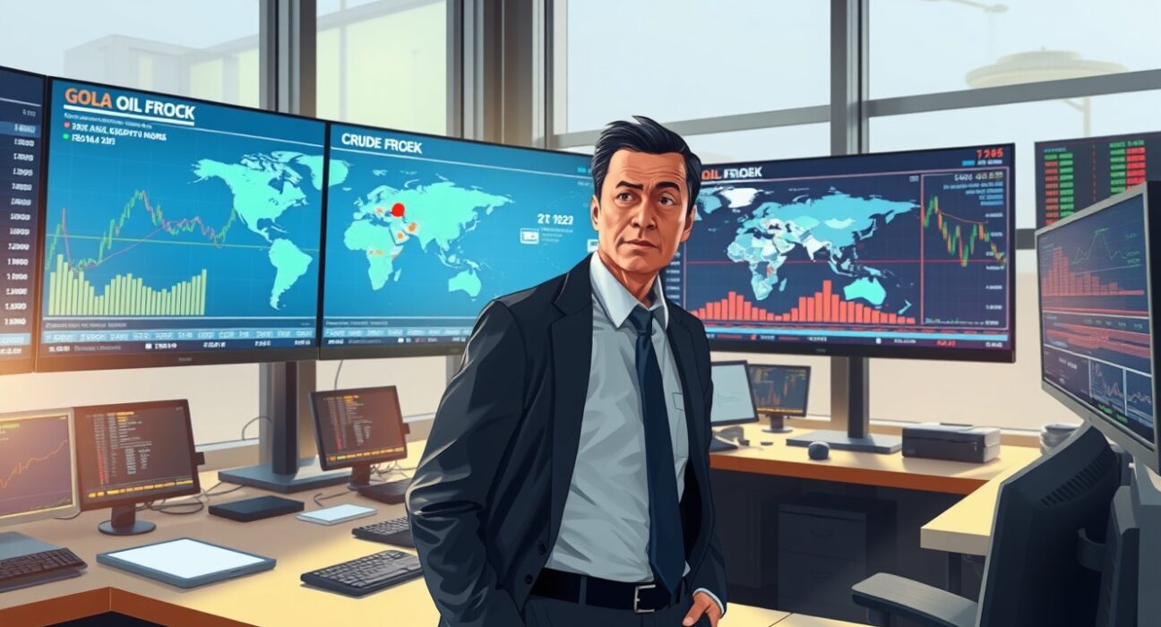 Trader analyzing oil price charts amid geopolitical uncertainty and fragile ceasefire news