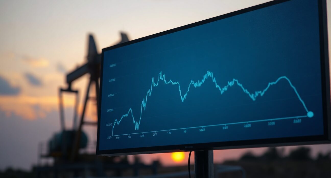 Financial display showing oil price decline with drilling rig in background