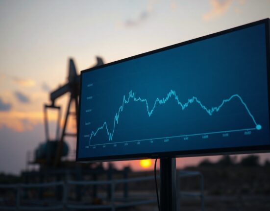 Financial display showing oil price decline with drilling rig in background
