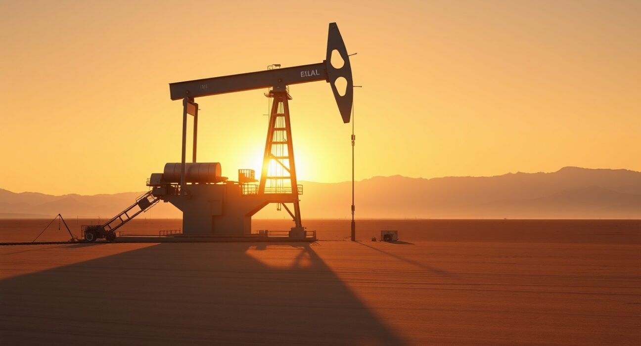 Oil drilling rig at sunset representing sustained high oil prices through 2027.