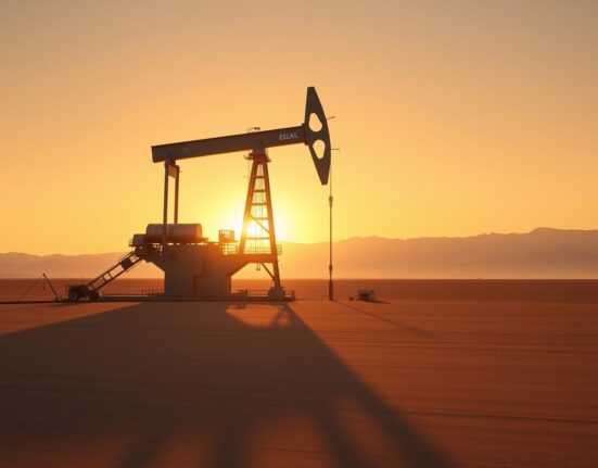 Oil drilling rig at sunset representing sustained high oil prices through 2027.
