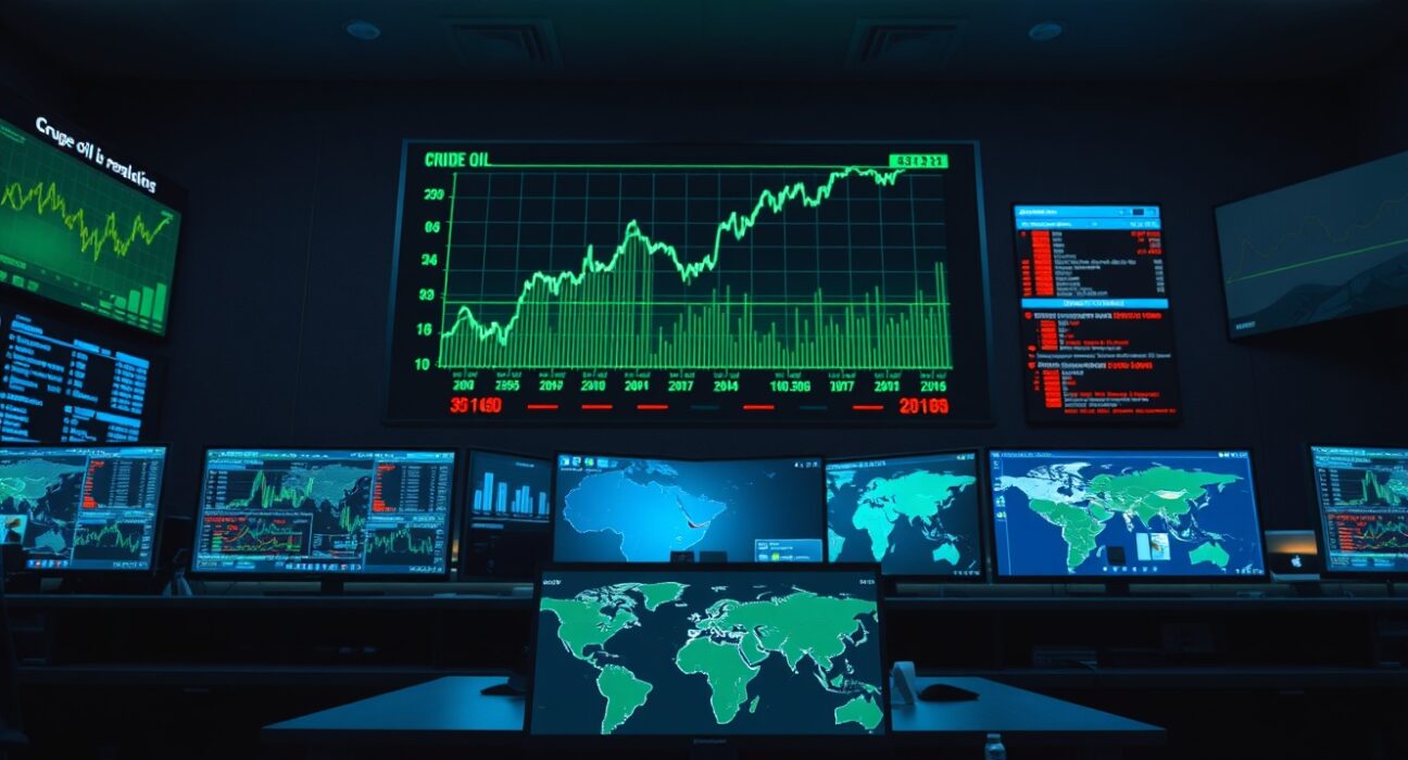 Oil trading floor market board showing rising crude oil price charts and data analysis
