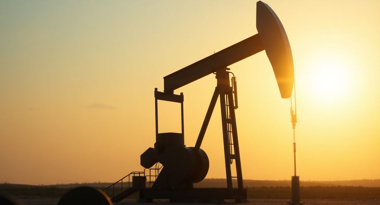 Oil pumpjack silhouette at sunset representing crude market volatility