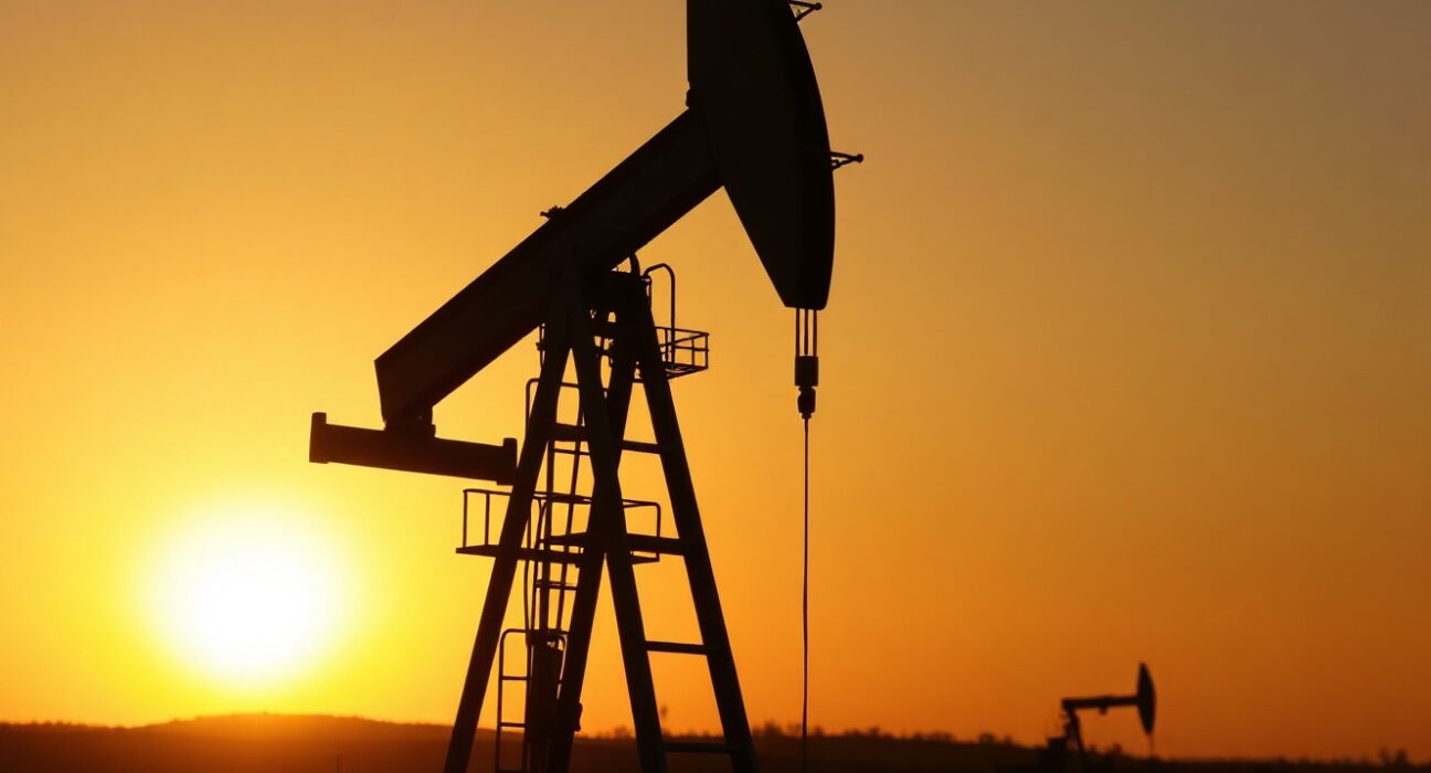 Oil pumpjack at sunset with financial chart and currency symbol overlays representing market shifts.