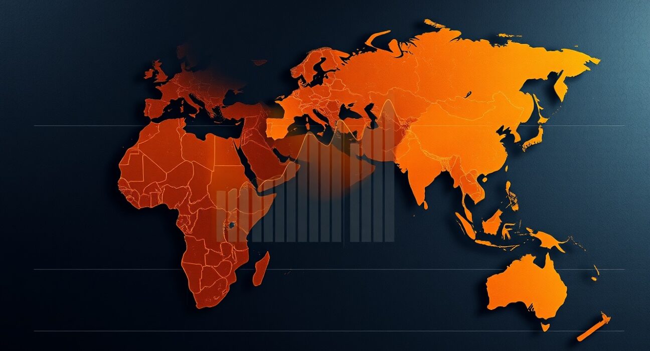 Global map analysis showing oil price volatility due to geopolitical war risk in key regions.