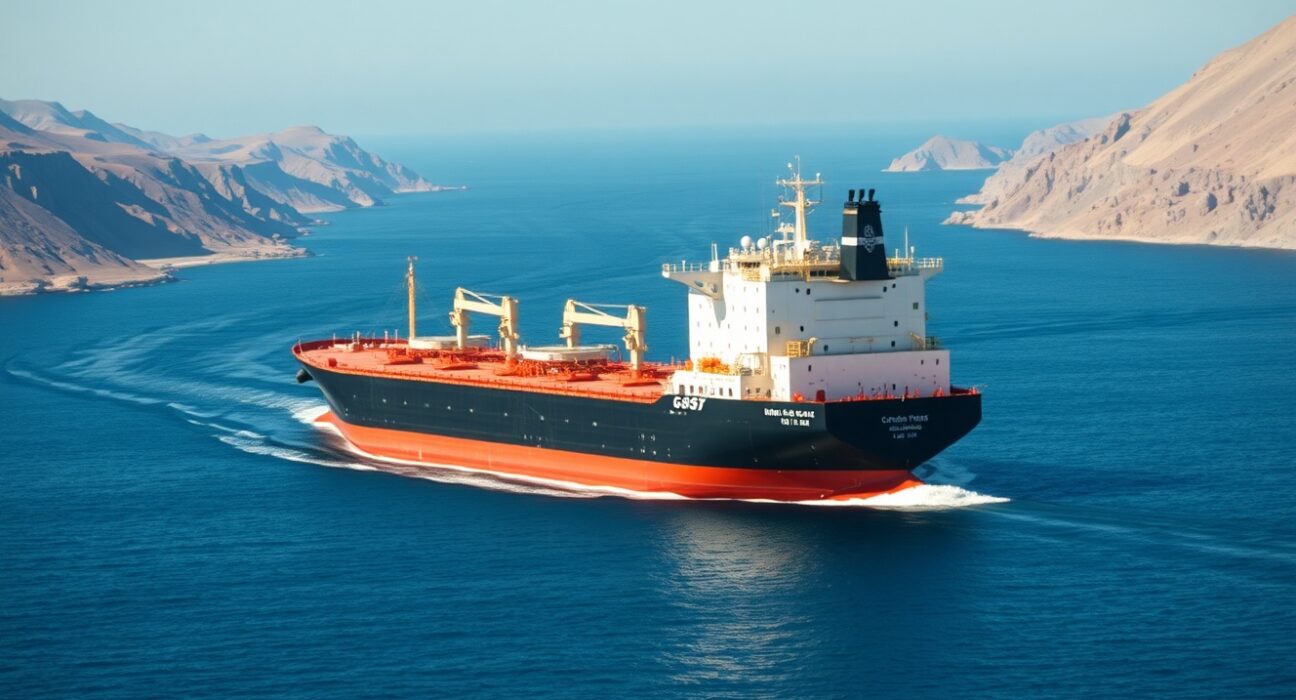 Oil tanker navigating the strategic Strait of Hormuz, highlighting key shipping lane risks.