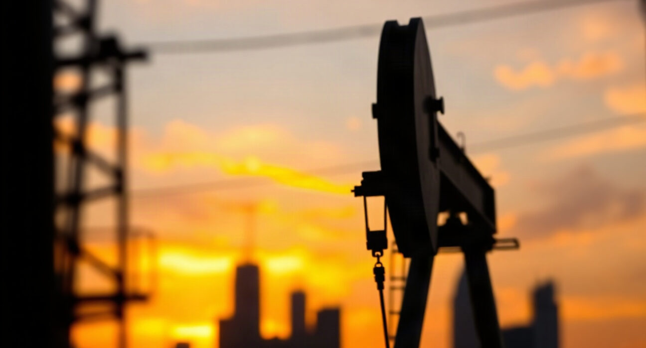 Oil pumpjack against sunset with financial district skyline in background
