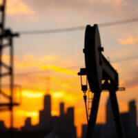 Oil pumpjack against sunset with financial district skyline in background