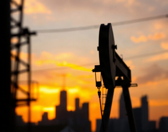 Oil pumpjack against sunset with financial district skyline in background