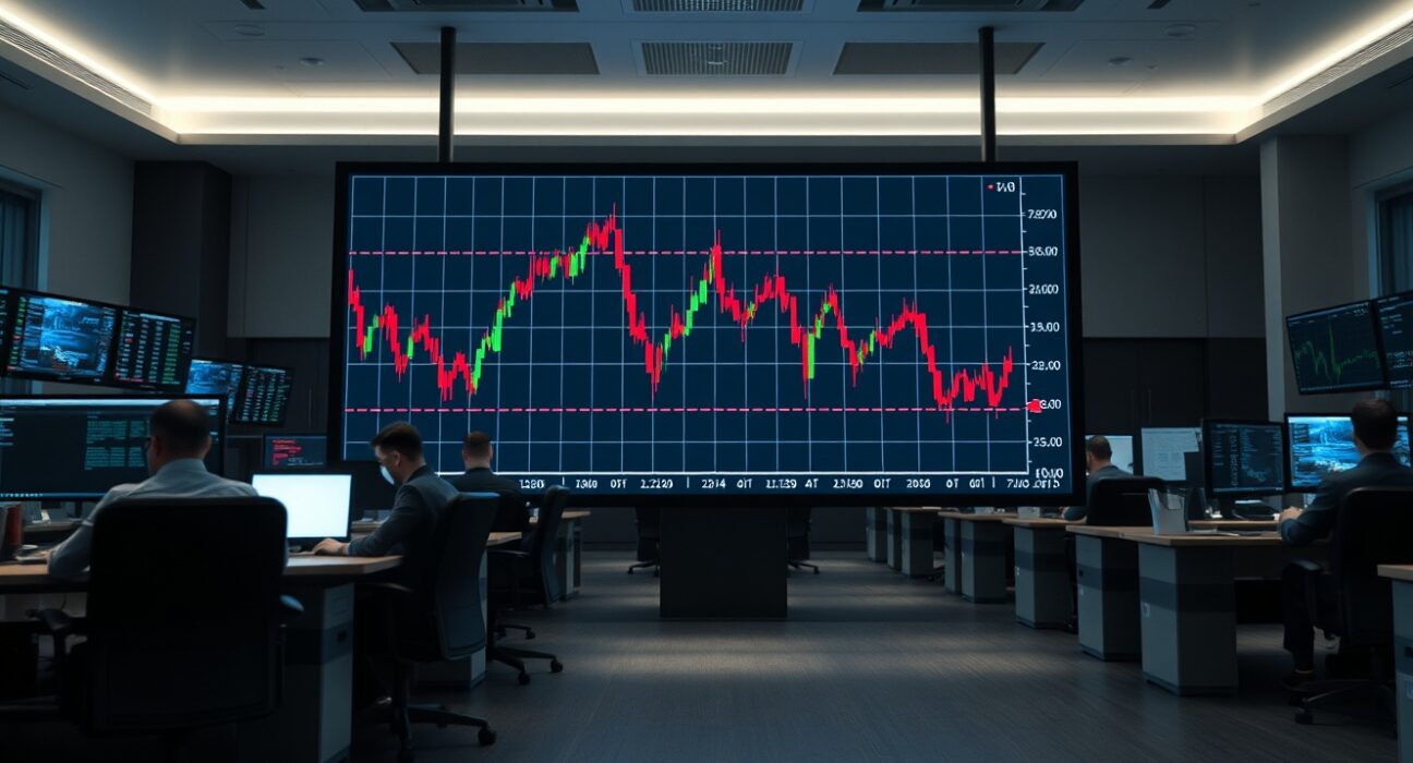 Volatile crude oil price chart on a trading floor display, representing market uncertainty.