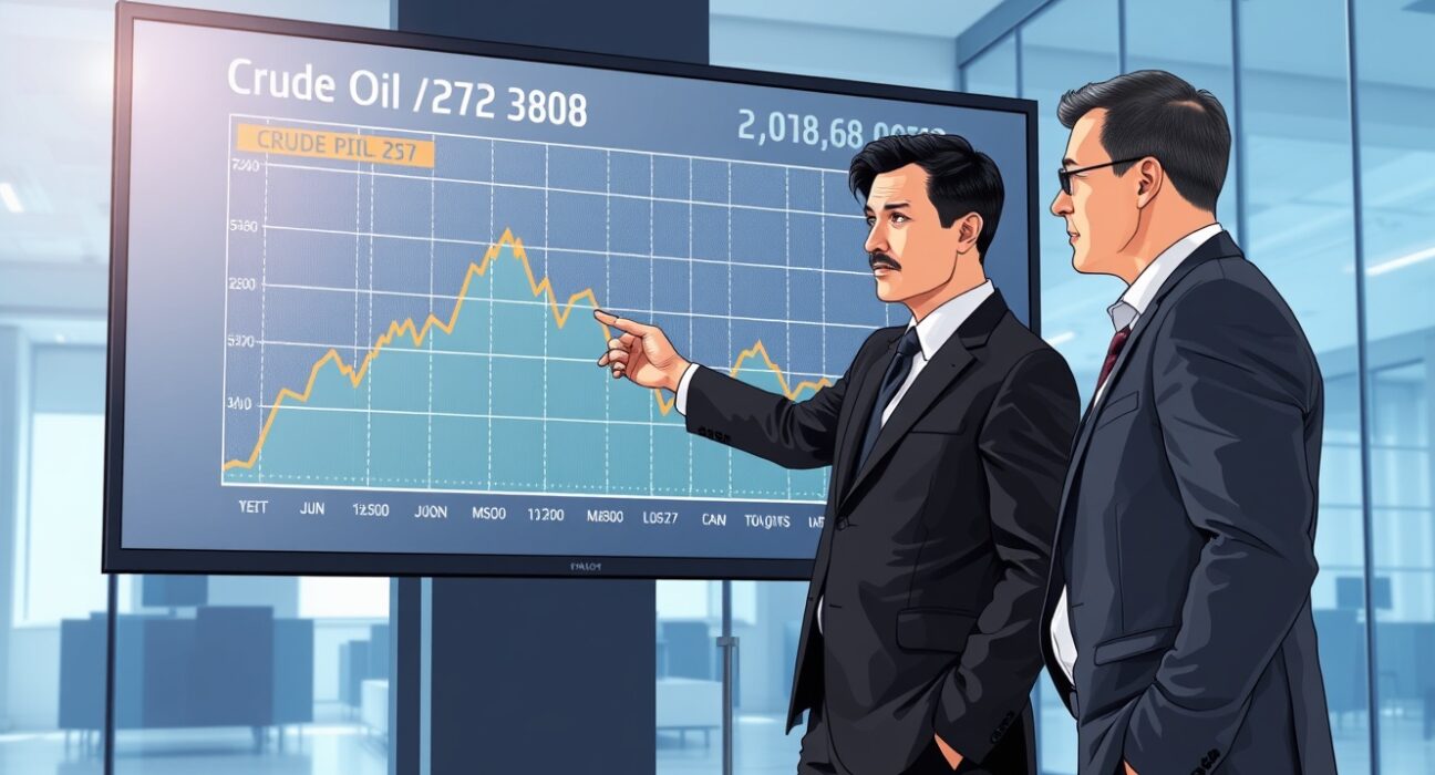 Analyst discussing stabilized oil price chart on trading floor, reflecting market reassessment of geopolitical risk.