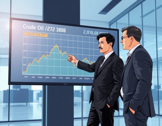 Analyst discussing stabilized oil price chart on trading floor, reflecting market reassessment of geopolitical risk.