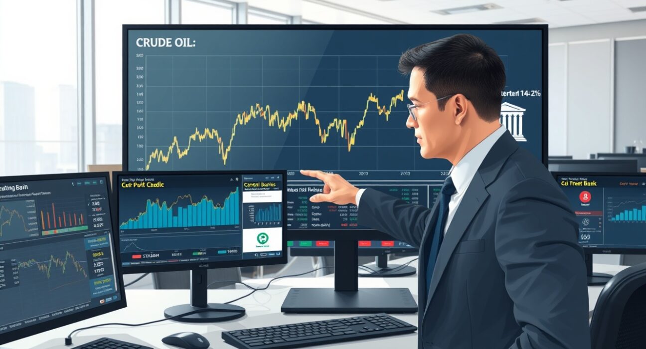 Financial analyst reviewing oil price volatility and central bank interest rate projections on trading desk monitors.