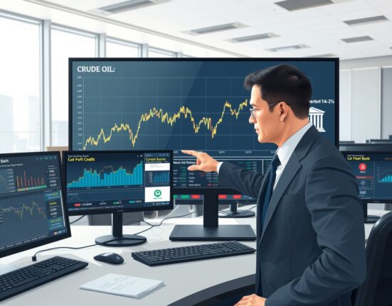 Financial analyst reviewing oil price volatility and central bank interest rate projections on trading desk monitors.
