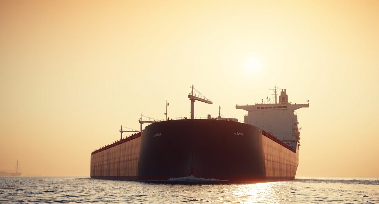 Oil tanker navigating the Strait of Hormuz at sunset, representing geopolitical tensions affecting crude oil markets.