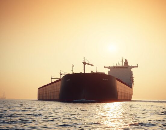 Oil tanker navigating the Strait of Hormuz at sunset, representing geopolitical tensions affecting crude oil markets.