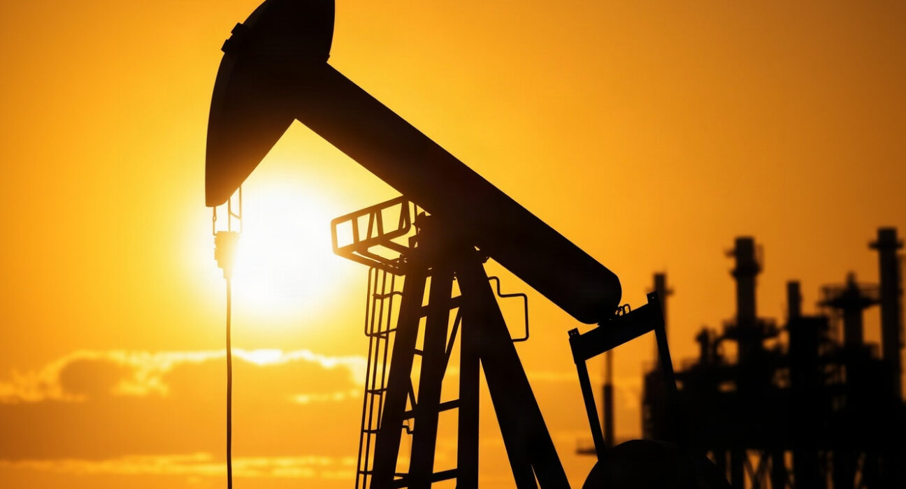 Oil pumpjack silhouette against sunset sky, symbolizing rising crude prices and market pressure