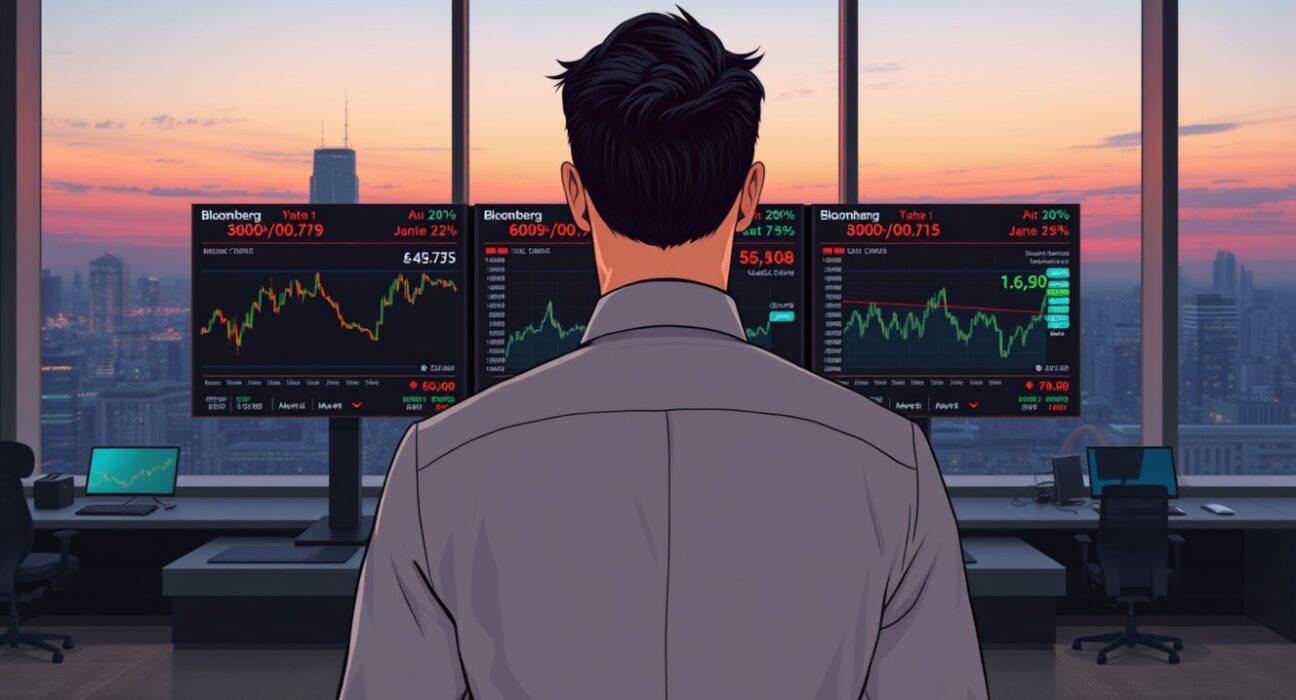 Trader analyzing oil price charts amid geopolitical ceasefire news on financial terminals.