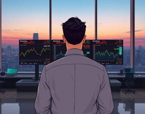 Trader analyzing oil price charts amid geopolitical ceasefire news on financial terminals.