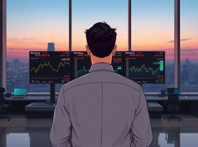 Trader analyzing oil price charts amid geopolitical ceasefire news on financial terminals.