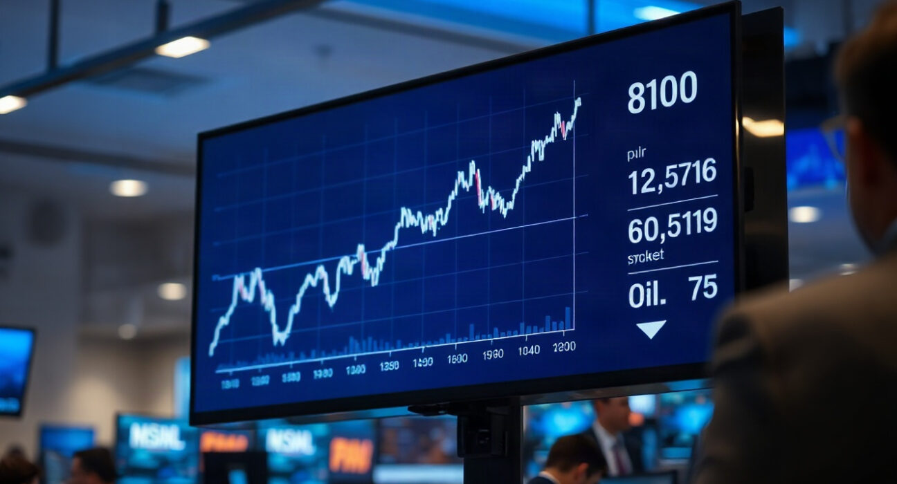 Trading floor screen showing rising bond yields and oil price charts