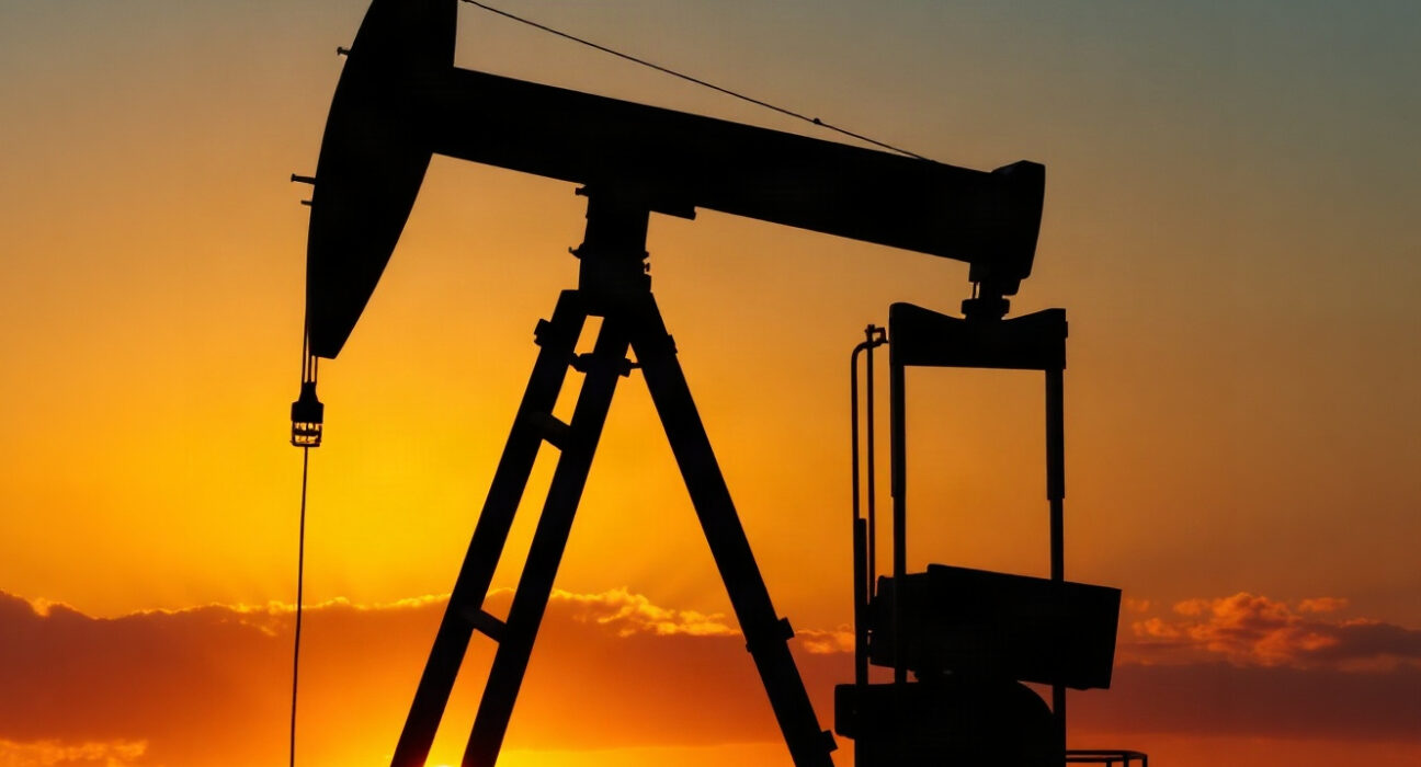 Oil pumpjack silhouette at sunset, symbolizing rising oil prices amid US-Iran tensions.