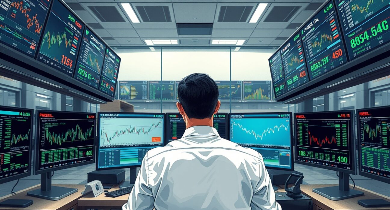 Commodities trader analyzing oil price charts amid geopolitical uncertainty in energy markets.