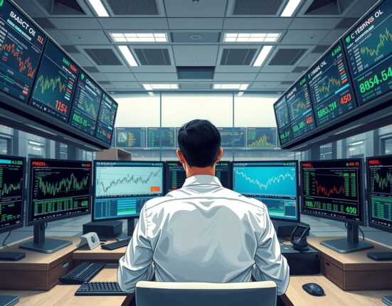 Commodities trader analyzing oil price charts amid geopolitical uncertainty in energy markets.