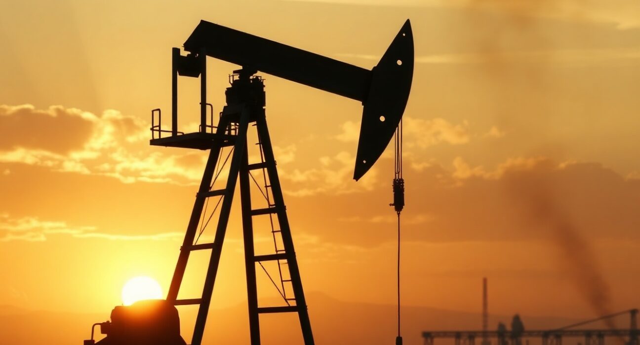 Oil pumpjack silhouette at sunset with smoky horizon symbolizing geopolitical risk