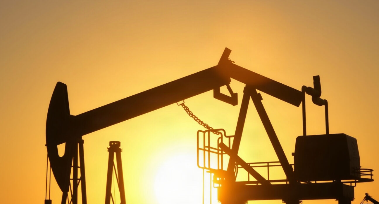 Oil pumpjack silhouette at sunset, representing crude oil supply and market movements