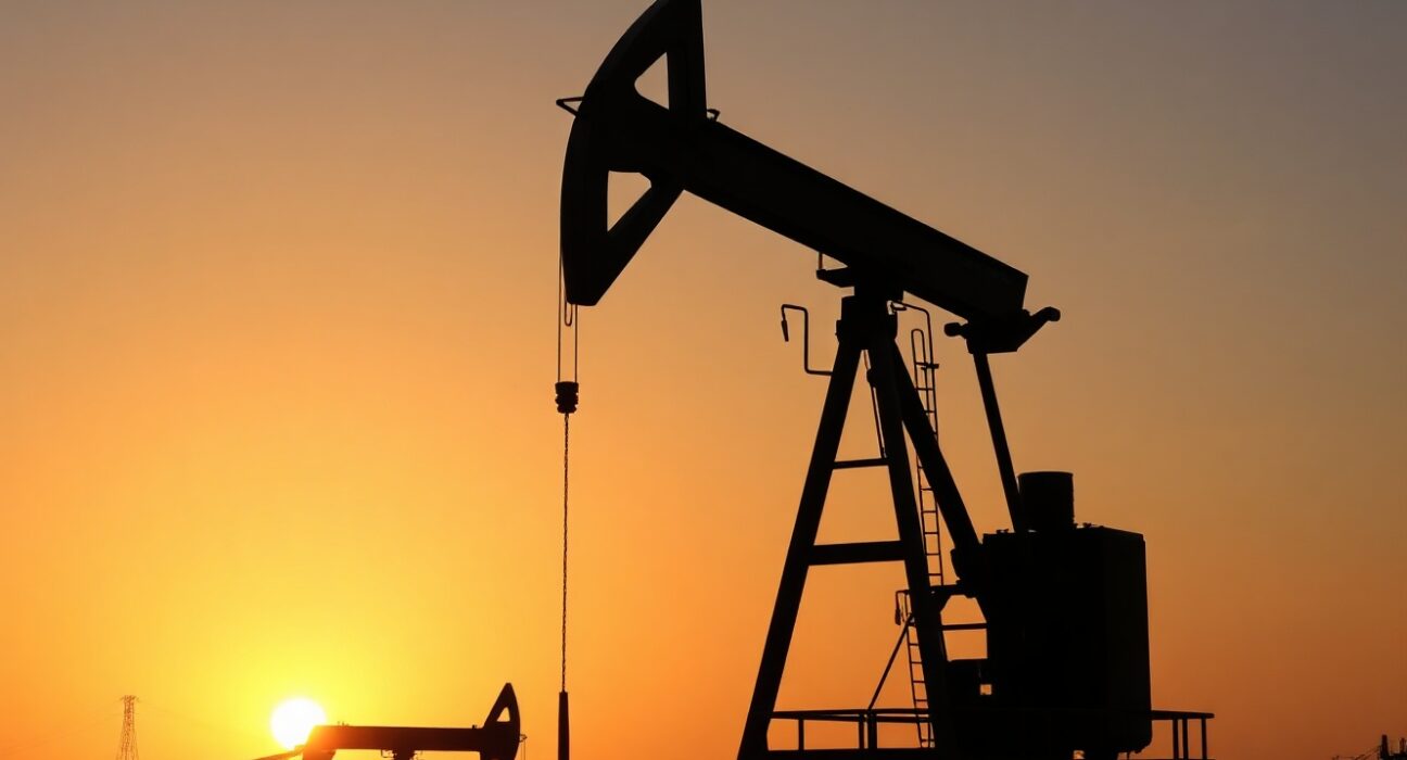 Oil pumpjack silhouetted at sunset, representing global oil markets and geopolitical tensions.