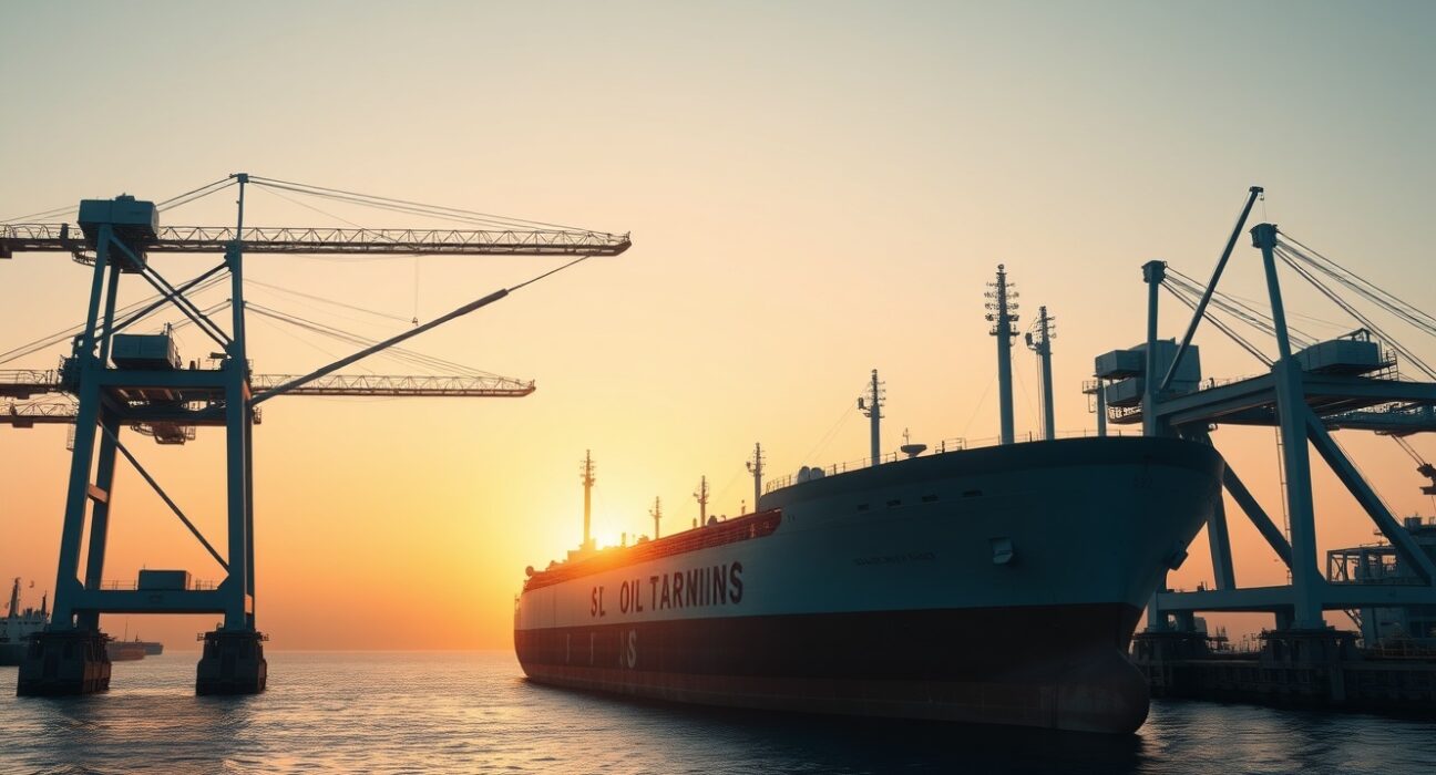 Oil tanker being loaded at a port terminal at sunrise, representing recovering oil supply flows.