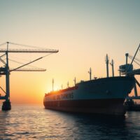 Oil tanker being loaded at a port terminal at sunrise, representing recovering oil supply flows.