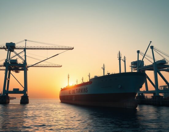 Oil tanker being loaded at a port terminal at sunrise, representing recovering oil supply flows.