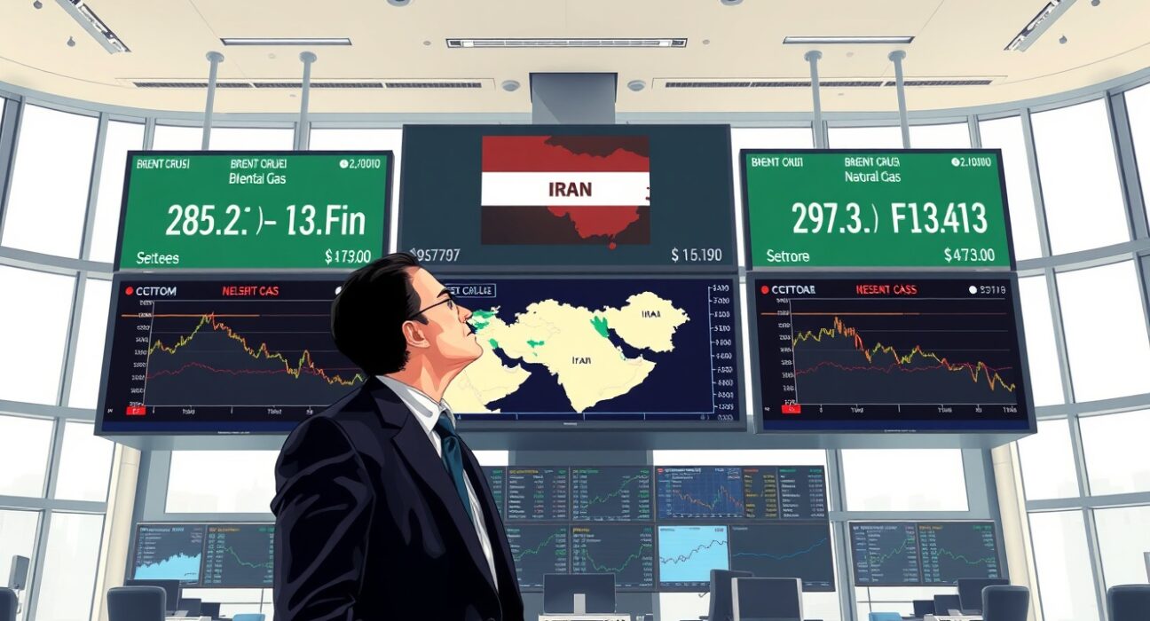 Energy trading floor analysis showing declining oil and gas prices amid Iran conflict resolution optimism