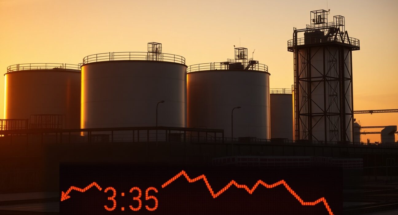 Oil storage tanks at sunset with digital price ticker showing declining crude oil prices