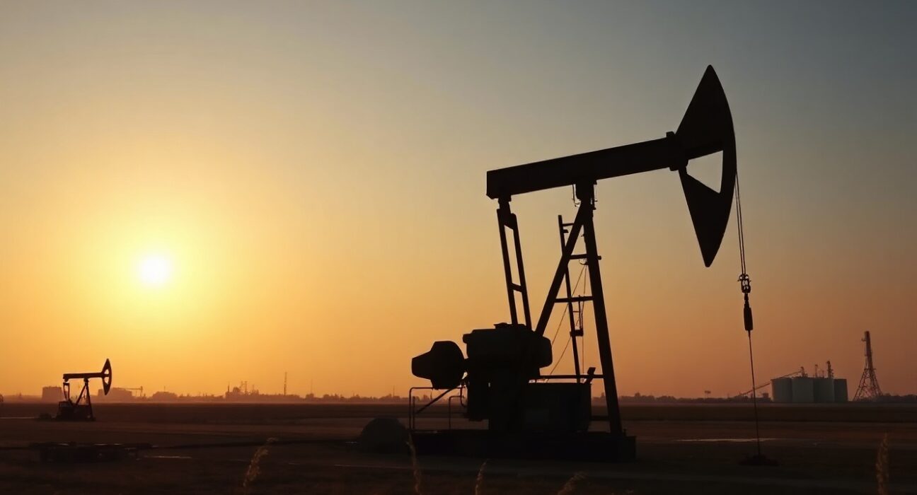 Oil pumpjack silhouette against a sunset sky, representing crude oil markets and geopolitical tensions.